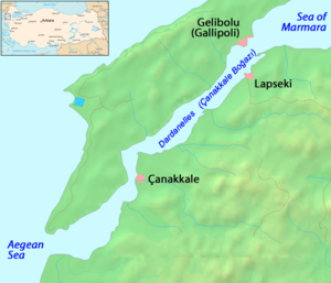 The Dardanelles, a long narrow strait dividing...