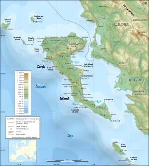 Topographic map in English of the Corfu island...