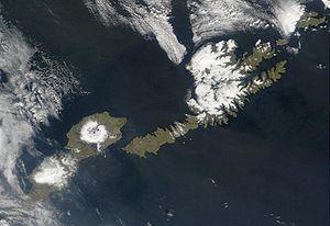 Satellite shot of the islands of Umnak (left) ...