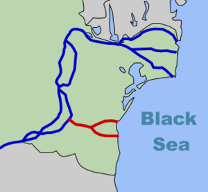Danube (in blue) and the Canal (in red)
